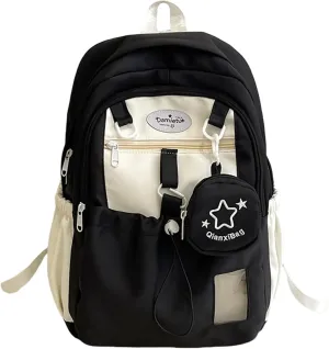 Kawaii Backpack Double Shoulder Bag with Cute Star Removable Pouch Small Clear Front Pocket Large Capacity Fits 16" Laptop Dopamine Colors Daypack (Black)