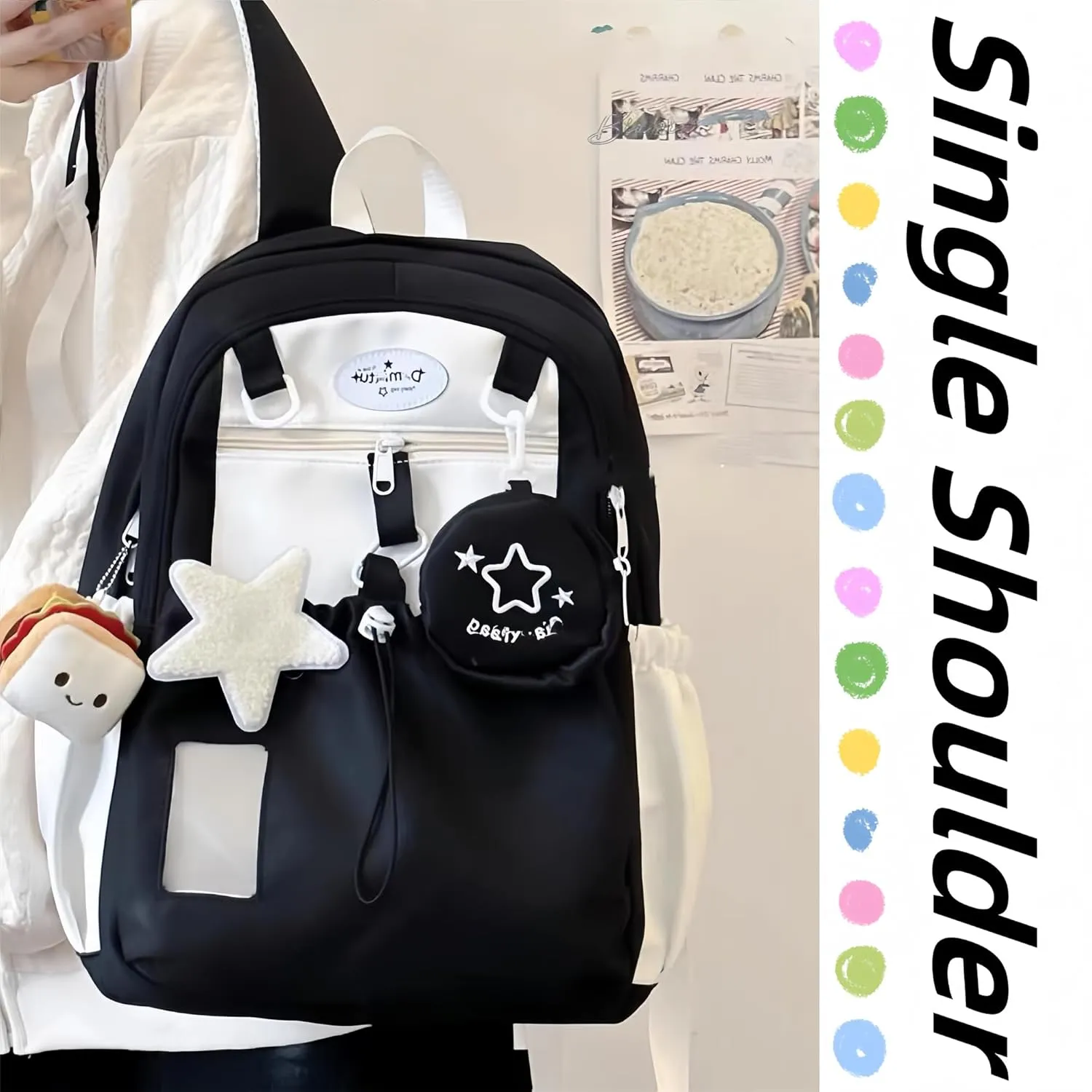 Kawaii Backpack Double Shoulder Bag with Cute Star Removable Pouch Small Clear Front Pocket Large Capacity Fits 16" Laptop Dopamine Colors Daypack (Black)