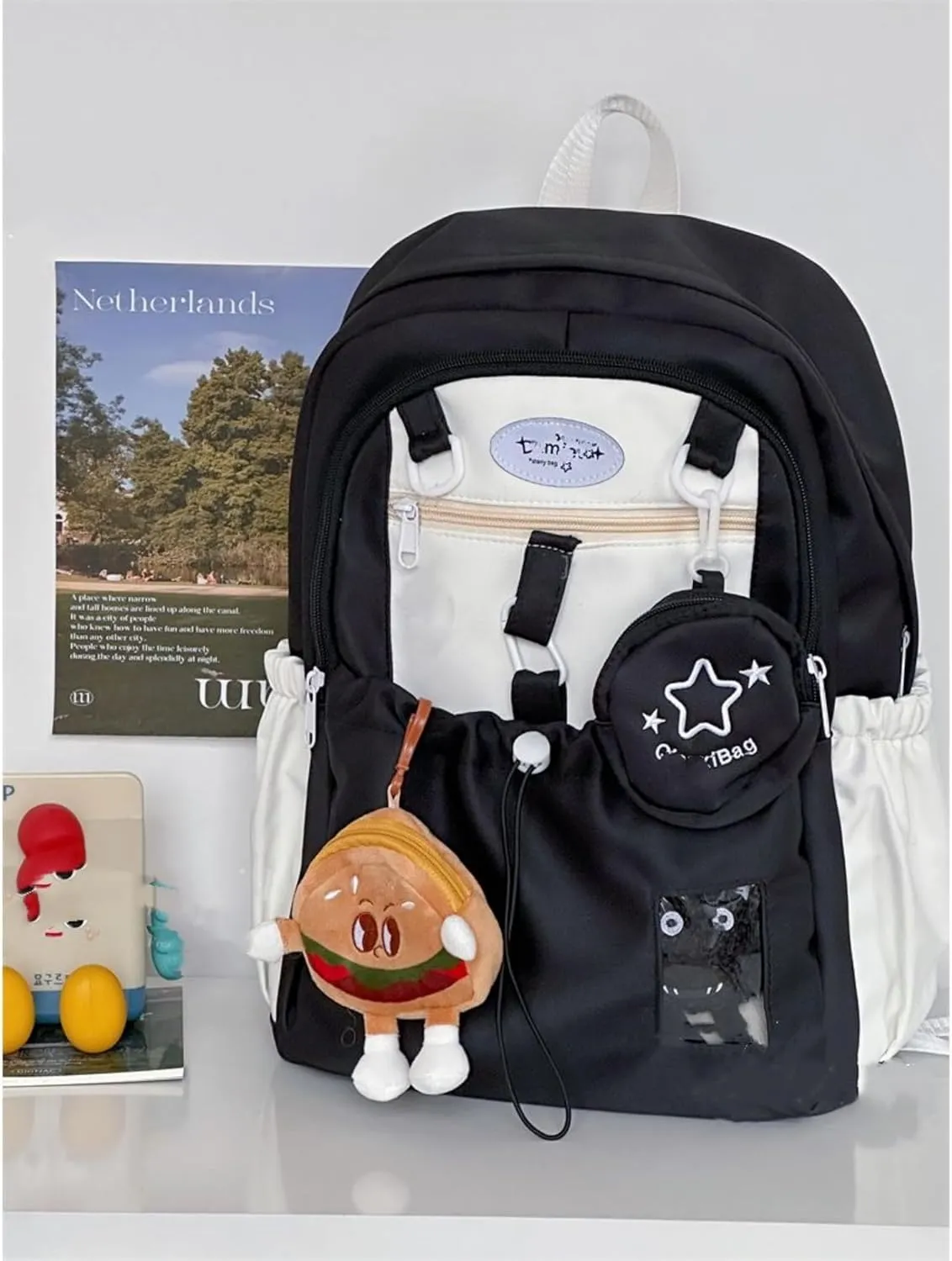 Kawaii Backpack Double Shoulder Bag with Cute Star Removable Pouch Small Clear Front Pocket Large Capacity Fits 16" Laptop Dopamine Colors Daypack (Black)