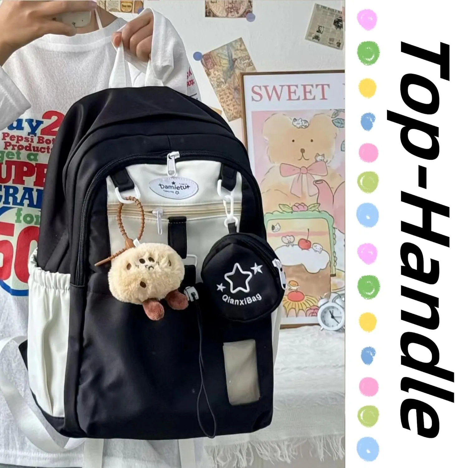 Kawaii Backpack Double Shoulder Bag with Cute Star Removable Pouch Small Clear Front Pocket Large Capacity Fits 16" Laptop Dopamine Colors Daypack (Black)