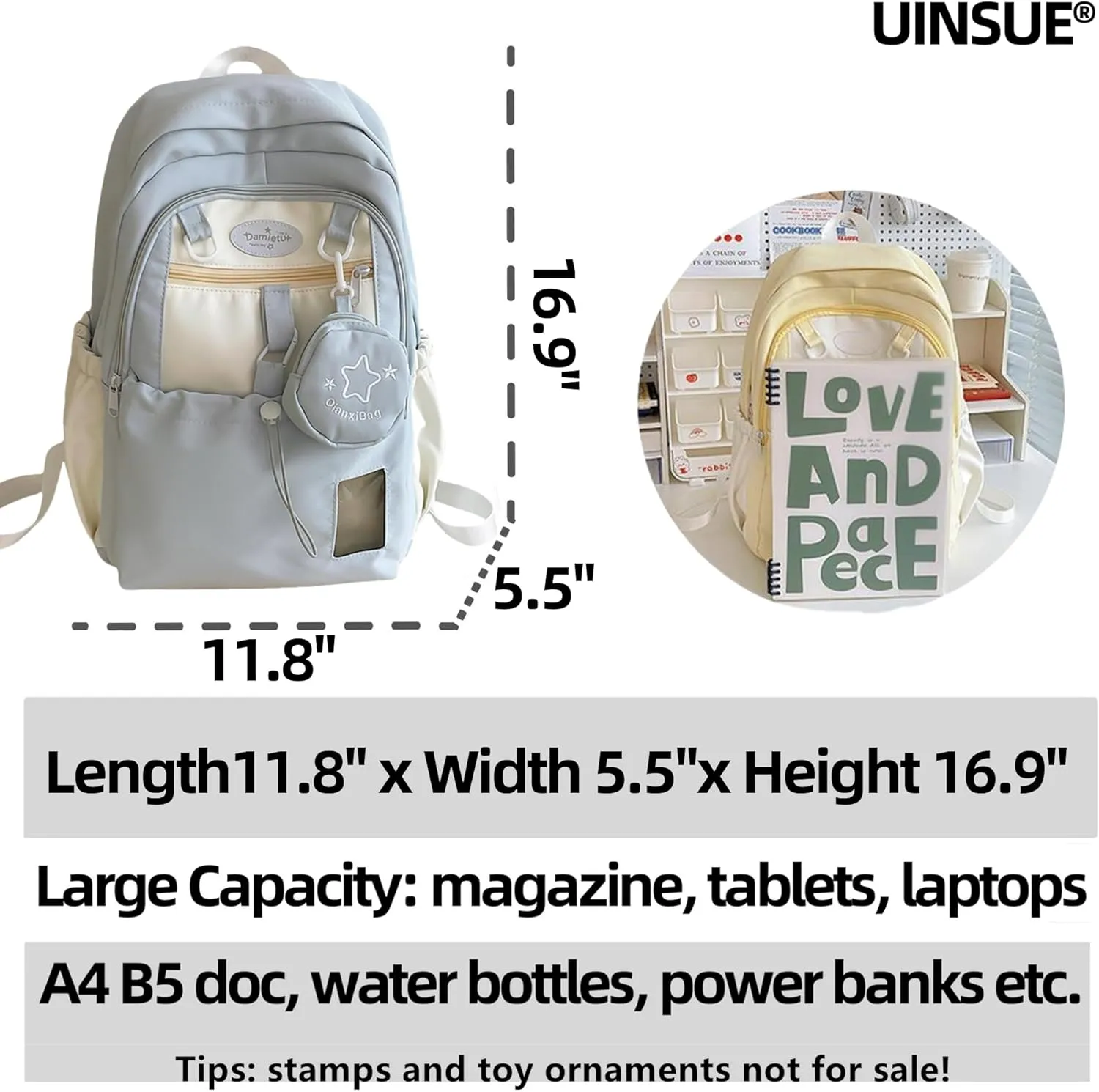 Kawaii Backpack Double Shoulder Bag with Cute Star Removable Pouch Small Clear Front Pocket Large Capacity Fits 16" Laptop Dopamine Colors Daypack (Blue)