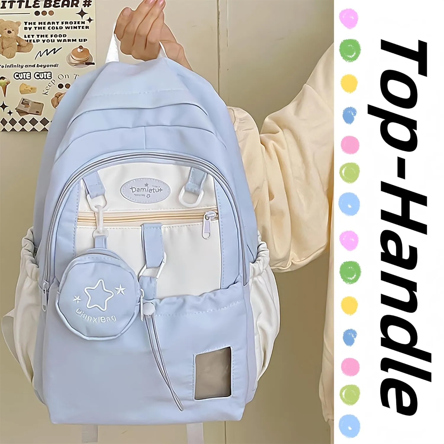 Kawaii Backpack Double Shoulder Bag with Cute Star Removable Pouch Small Clear Front Pocket Large Capacity Fits 16" Laptop Dopamine Colors Daypack (Blue)
