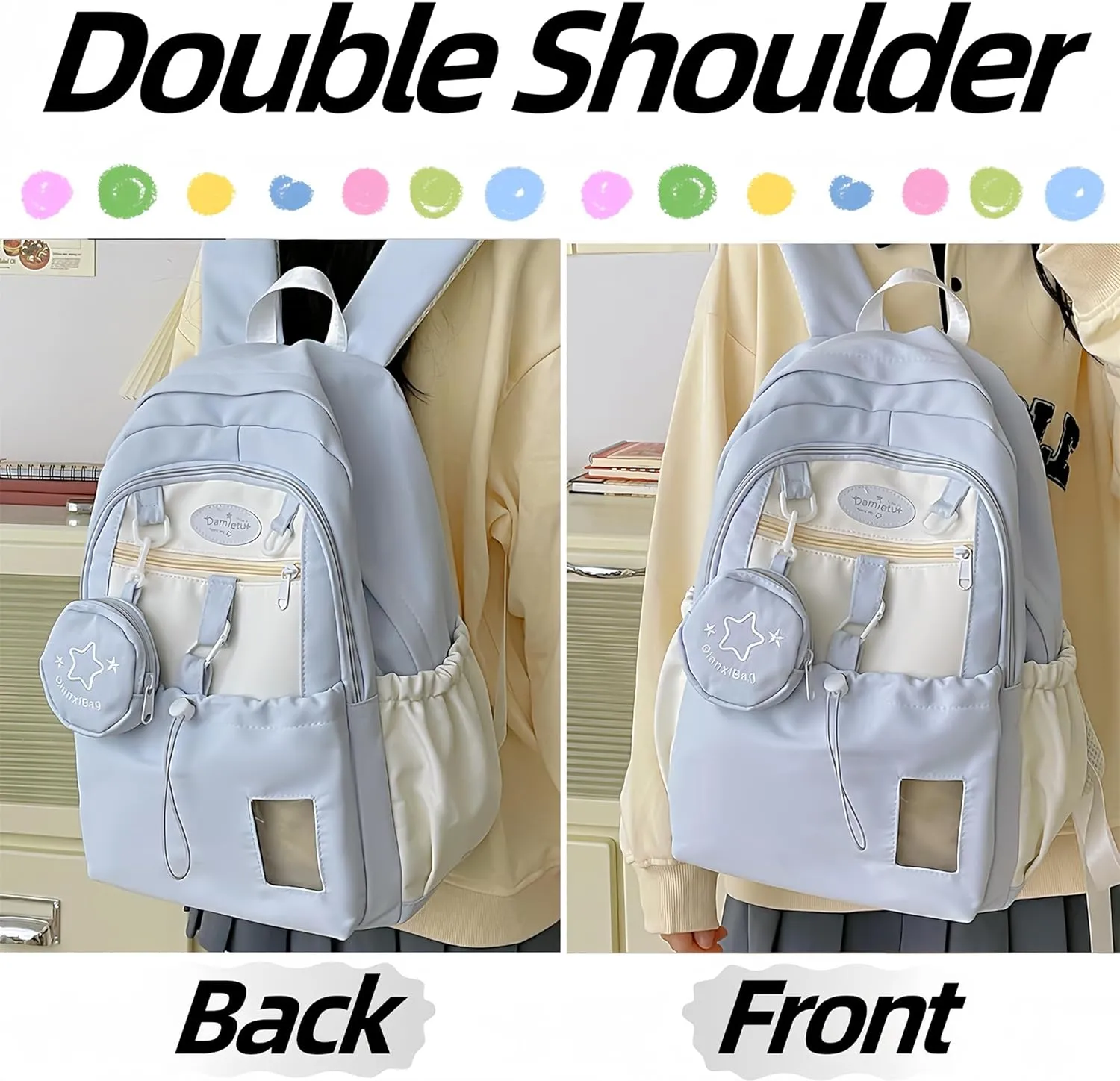 Kawaii Backpack Double Shoulder Bag with Cute Star Removable Pouch Small Clear Front Pocket Large Capacity Fits 16" Laptop Dopamine Colors Daypack (Blue)