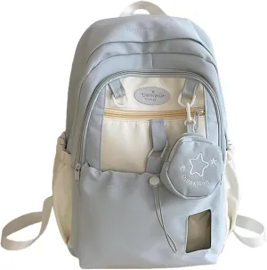 Kawaii Backpack Double Shoulder Bag with Cute Star Removable Pouch Small Clear Front Pocket Large Capacity Fits 16" Laptop Dopamine Colors Daypack (Blue)