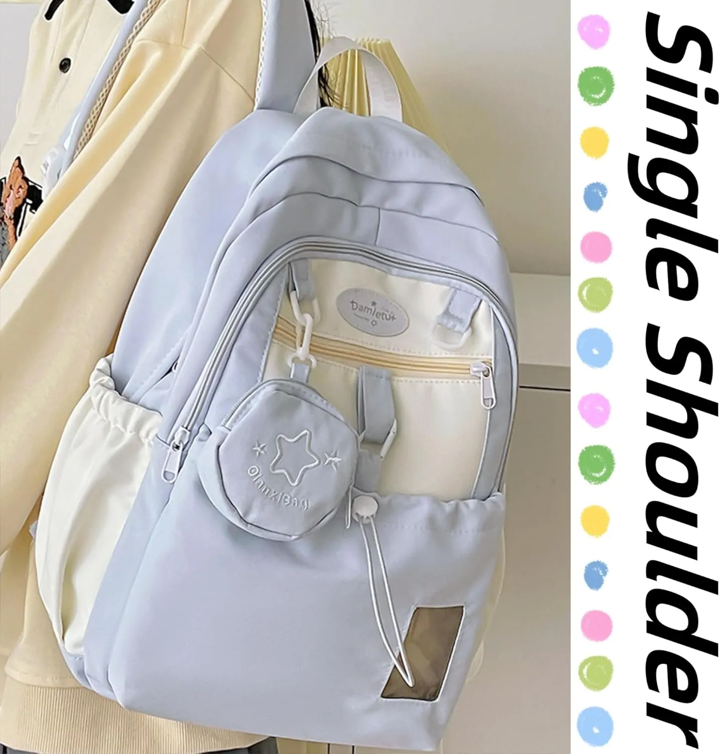 Kawaii Backpack Double Shoulder Bag with Cute Star Removable Pouch Small Clear Front Pocket Large Capacity Fits 16" Laptop Dopamine Colors Daypack (Blue)