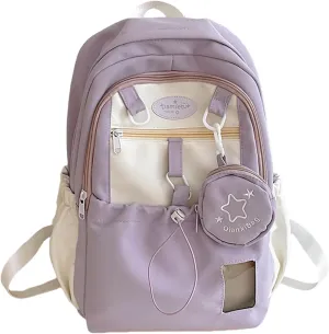 Kawaii Backpack Double Shoulder Bag with Cute Star Removable Pouch Small Clear Front Pocket Large Capacity Fits 16" Laptop Dopamine Colors Daypack (Purple)