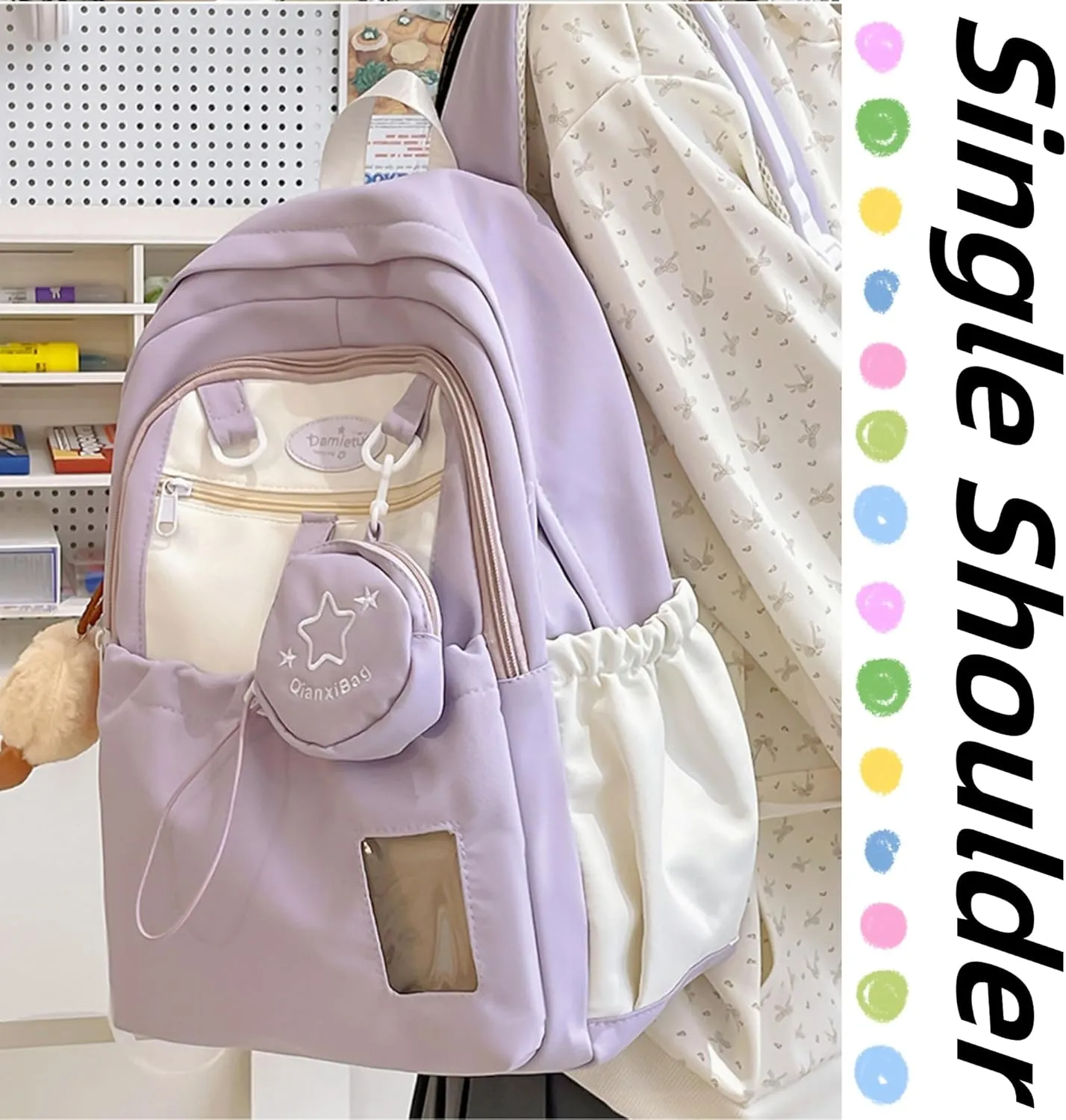 Kawaii Backpack Double Shoulder Bag with Cute Star Removable Pouch Small Clear Front Pocket Large Capacity Fits 16" Laptop Dopamine Colors Daypack (Purple)
