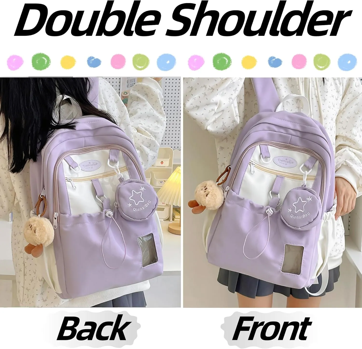 Kawaii Backpack Double Shoulder Bag with Cute Star Removable Pouch Small Clear Front Pocket Large Capacity Fits 16" Laptop Dopamine Colors Daypack (Purple)