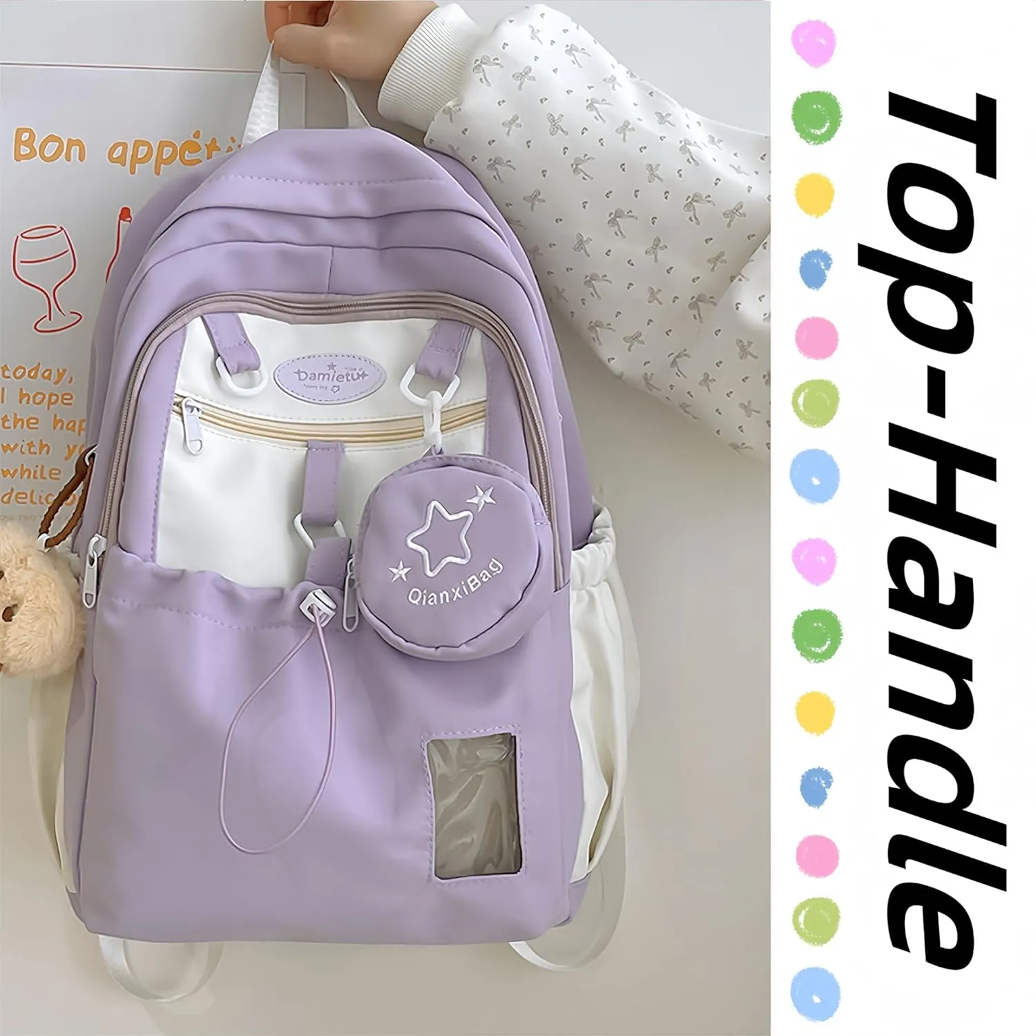 Kawaii Backpack Double Shoulder Bag with Cute Star Removable Pouch Small Clear Front Pocket Large Capacity Fits 16" Laptop Dopamine Colors Daypack (Purple)
