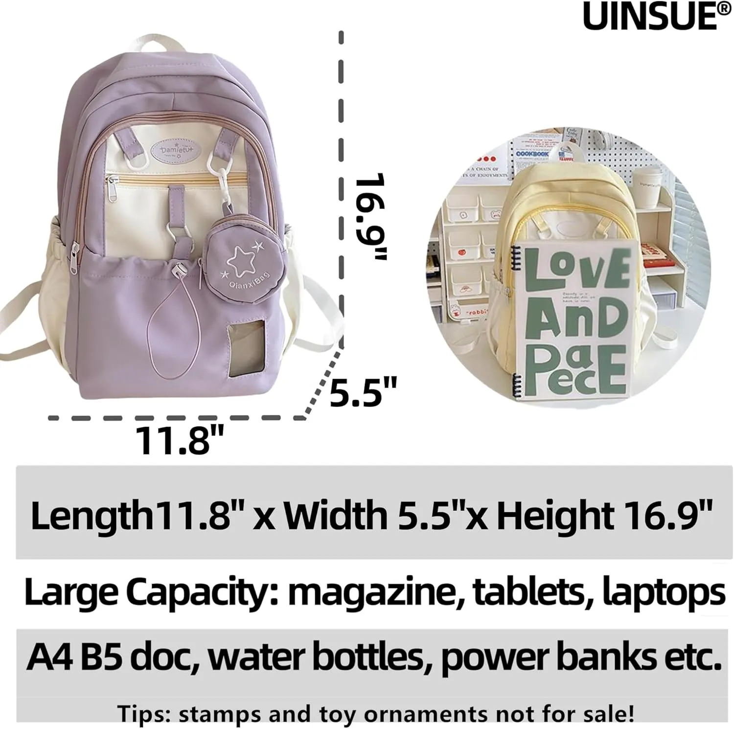Kawaii Backpack Double Shoulder Bag with Cute Star Removable Pouch Small Clear Front Pocket Large Capacity Fits 16" Laptop Dopamine Colors Daypack (Purple)
