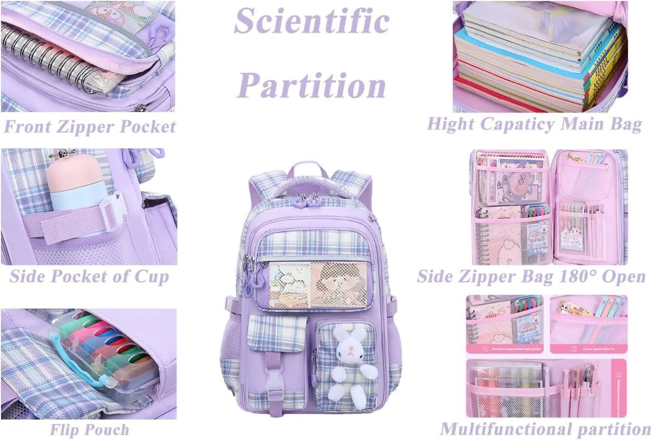 Kawaii Backpack for Girls Bunny Striped School Bag Casual Laptop Bag with Cute Pen Case