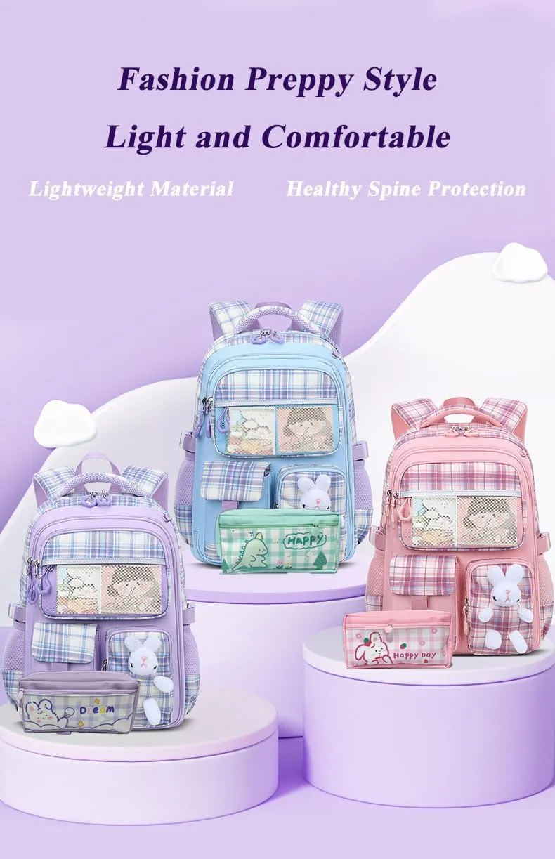 Kawaii Backpack for Girls Bunny Striped School Bag Casual Laptop Bag with Cute Pen Case