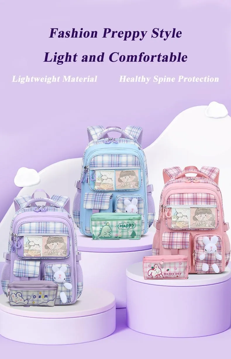 Kawaii Backpack for Girls Bunny Striped School Bag Casual Laptop Bag with Cute Pen Case