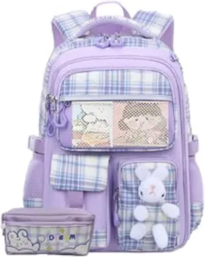 Kawaii Backpack for Girls Bunny Striped School Bag Casual Laptop Bag with Cute Pen Case