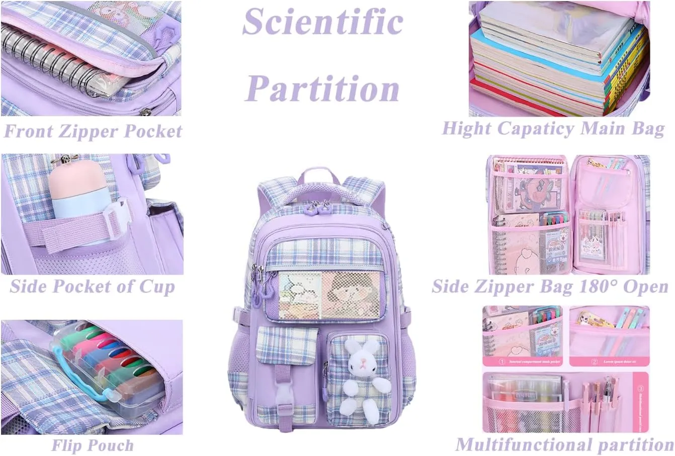 Kawaii Backpack for Girls Bunny Striped School Bag Casual Laptop Bag with Cute Pen Case