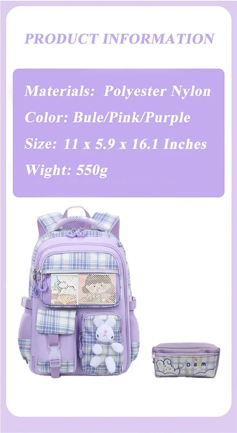 Kawaii Backpack for Girls Bunny Striped School Bag Casual Laptop Bag with Cute Pen Case