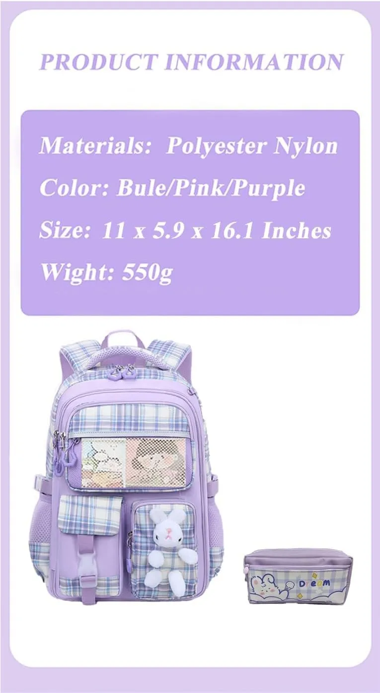 Kawaii Backpack for Girls Bunny Striped School Bag Casual Laptop Bag with Cute Pen Case