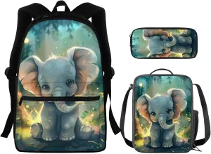 Kawaii Elephant Backpack Set for Girls 8-12 Backpack for School Large Capacity Rucksack Insulated Lunch Bag Pen Case for Outdoor Travel Picnic