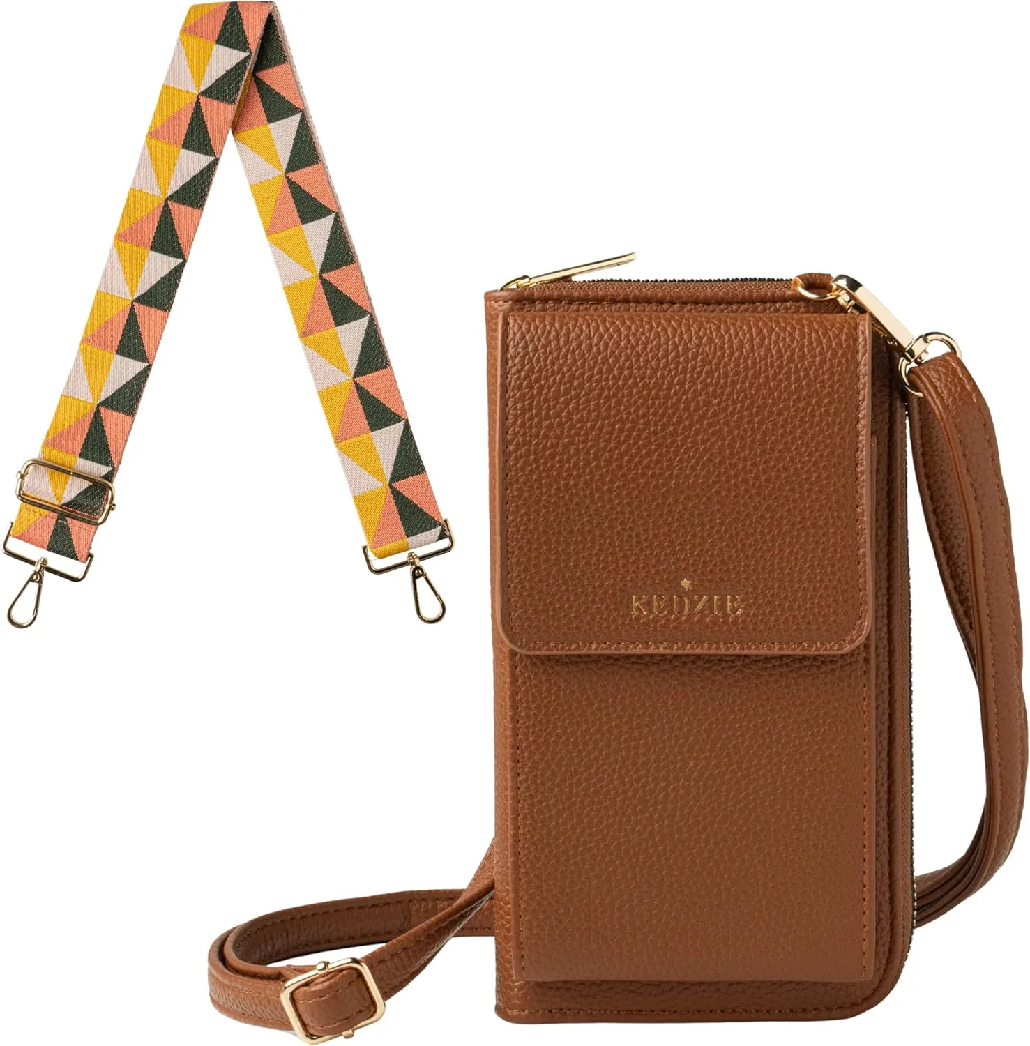 KEDZIE Eclipse Smartphone Crossbody Bag (Chestnut) & Interchangeable 2-Inch Bag Strap (Gilded)