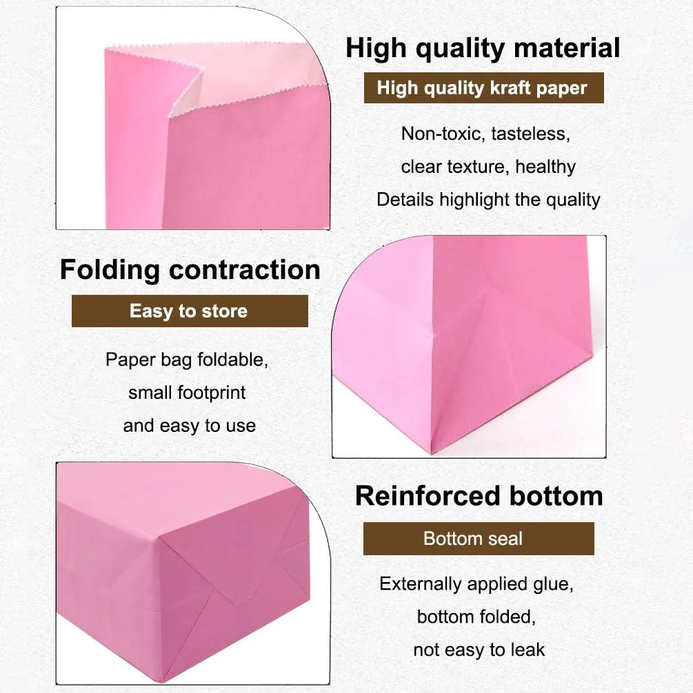 KEYYOOMY 100 CT Small Pink Paper Bags Pink Party Favor Bags Party Goodie Bag Paper Lunch Bag (100 CT, 3.1 X 5.1 X 9.4 In)
