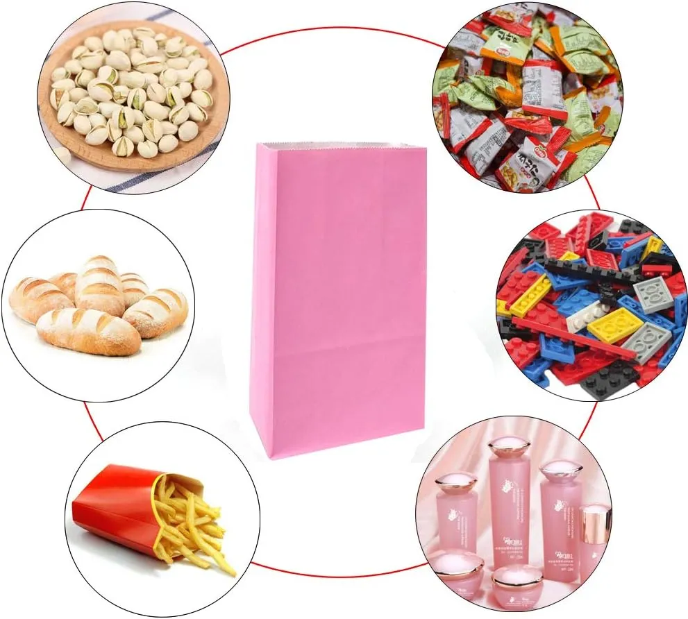 KEYYOOMY 100 CT Small Pink Paper Bags Pink Party Favor Bags Party Goodie Bag Paper Lunch Bag (100 CT, 3.1 X 5.1 X 9.4 In)