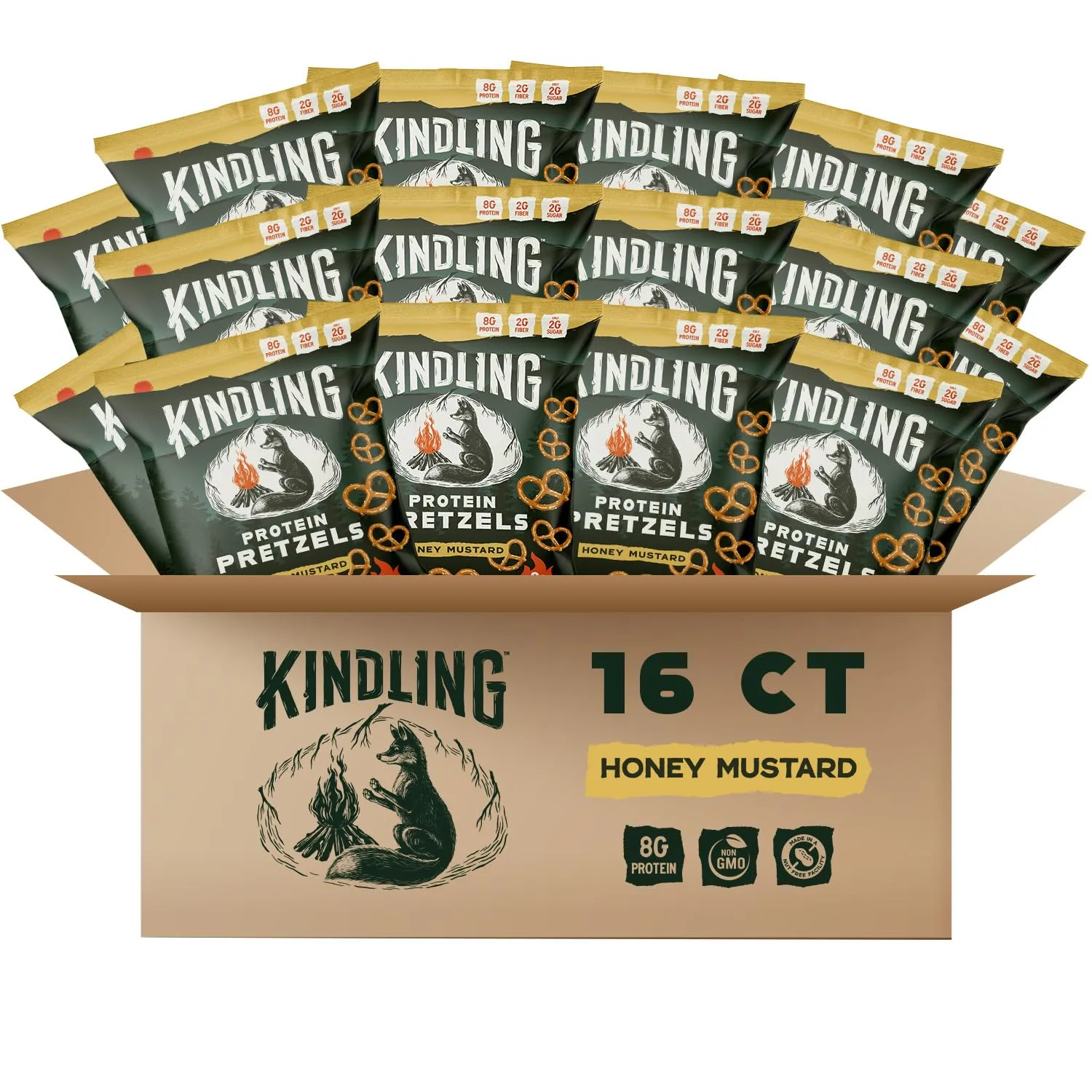 Kindling Protein Pretzels - Honey Mustard | Protein-Packed Snack Size Bags | Kosher | 8-9g Protein Per Serving | Only 1-2g of Total Sugar | No Artificial Flavors, Soy-Free | Lunches, Office Snacks, & On-the-Go | 16-Count (1.06oz Bags)