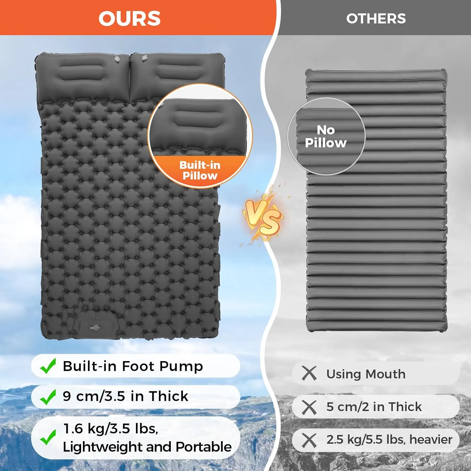 KingCamp Self Inflating Camping Mattress with Built-in Foot Pump, Connectable Durable Inflatable Sleeping Mat with Pillow, Compact Camping Air Mattress for Hiking