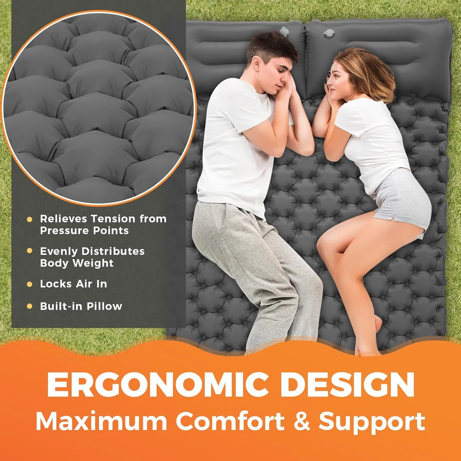 KingCamp Self Inflating Camping Mattress with Built-in Foot Pump, Connectable Durable Inflatable Sleeping Mat with Pillow, Compact Camping Air Mattress for Hiking