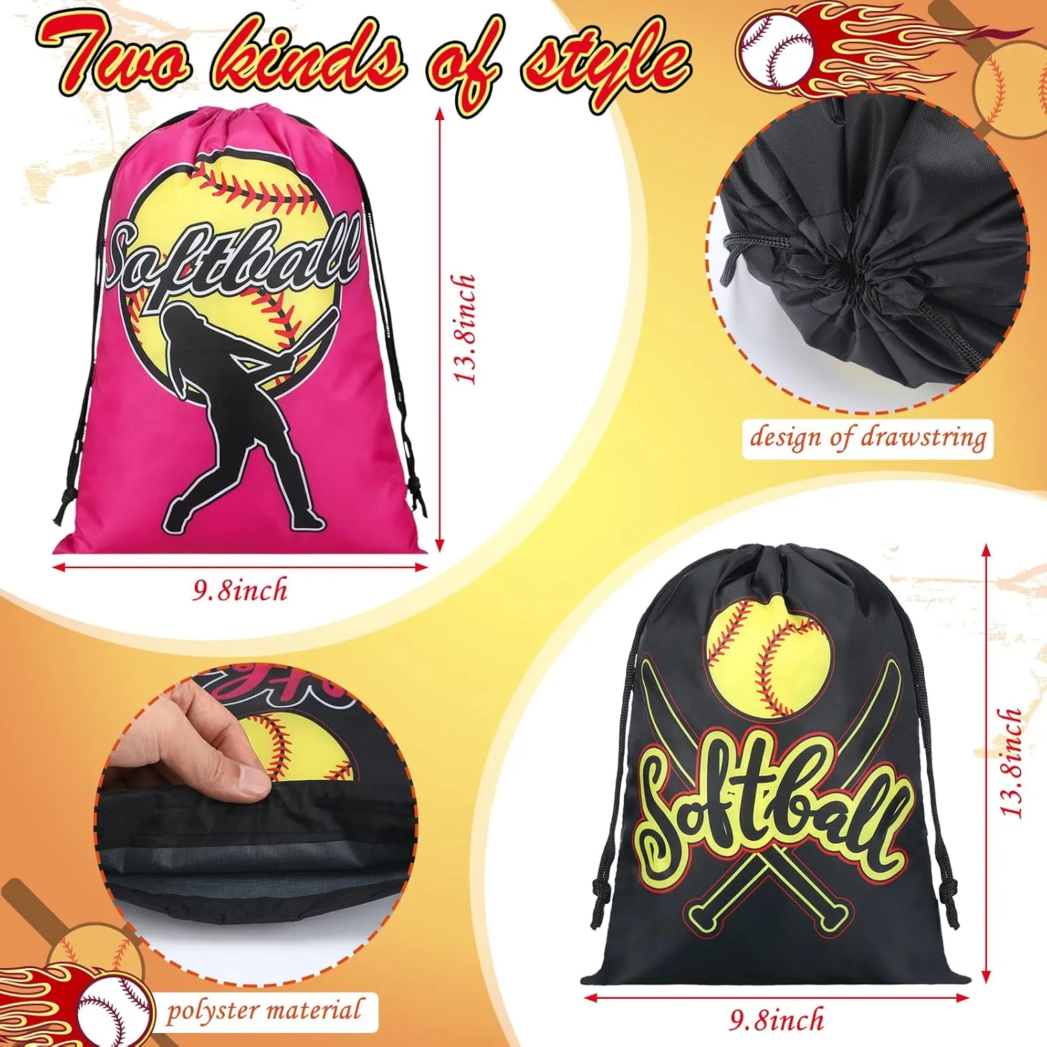 Kingdder 12 Pcs Softball Drawstring Party Favor Bags Softball Treat Bags Baseball Gift Bag for Baseball Party(Pink)