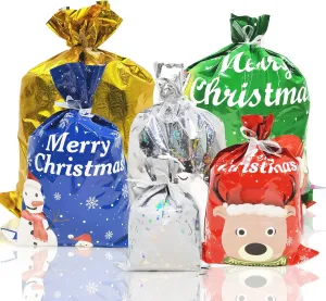 kockuu 30PCS Large Plastic Foil Christmas Gift Bags for Presents Gifts Assorted Size Big Medium Small Holiday Gift Bag with Ribbon Tie Christmas Party Favor Supplies