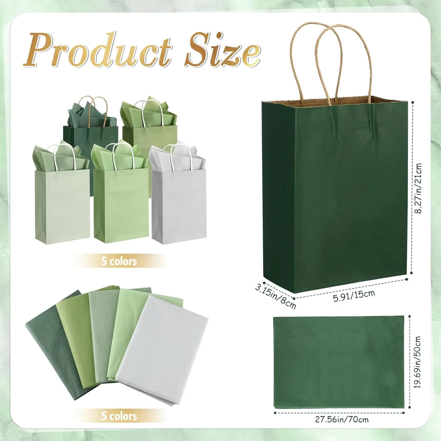 Kolldenn 50 Sets 100 Pcs Sage Green Gift Bags with Tissue Paper Bulk Sage Green Party Favor, 50 Thank You Gift Bags, 50 Wrapping Paper for Wedding Guests Birthday Baby Shower, 8.27 x 5.91 x 3.15