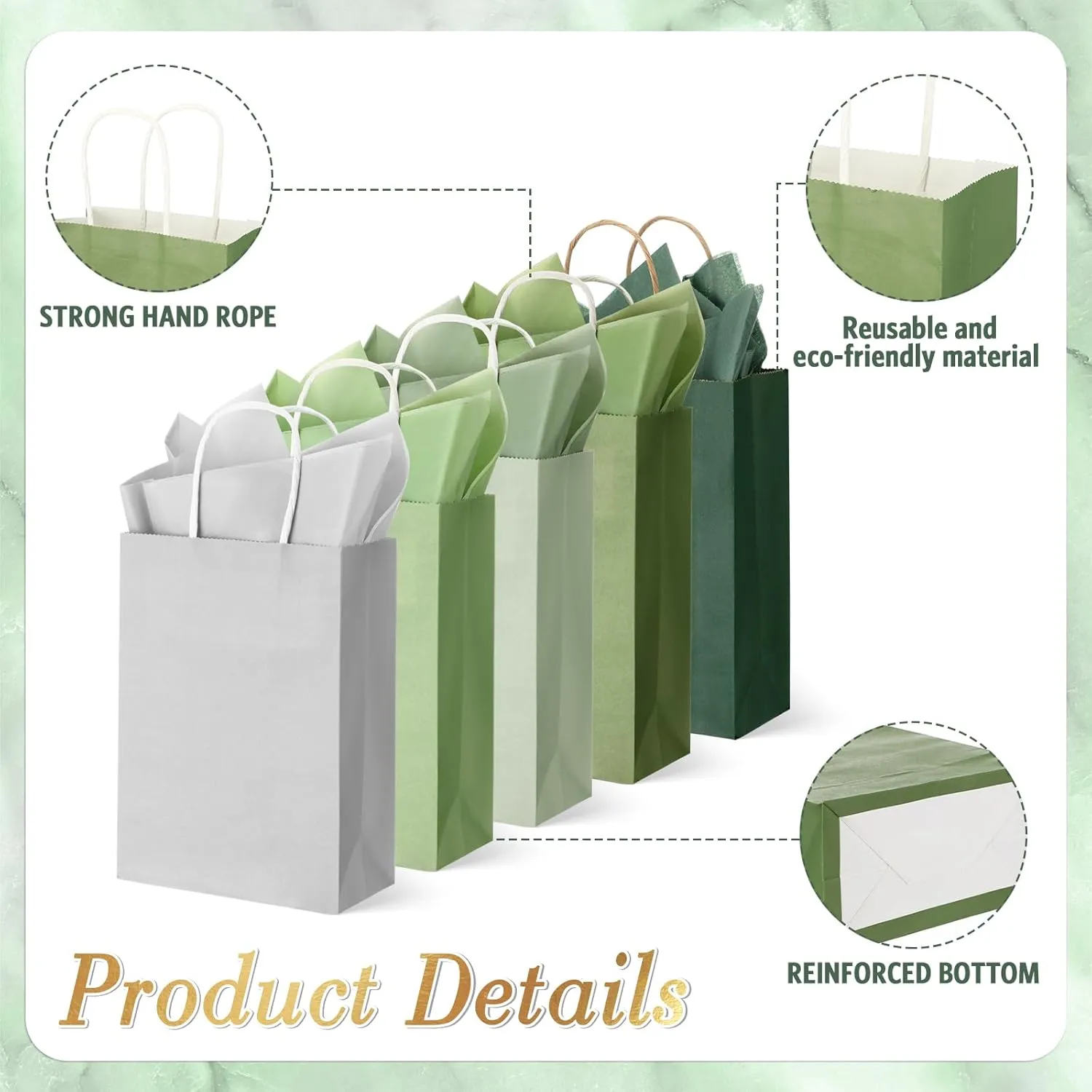 Kolldenn 50 Sets 100 Pcs Sage Green Gift Bags with Tissue Paper Bulk Sage Green Party Favor, 50 Thank You Gift Bags, 50 Wrapping Paper for Wedding Guests Birthday Baby Shower, 8.27 x 5.91 x 3.15