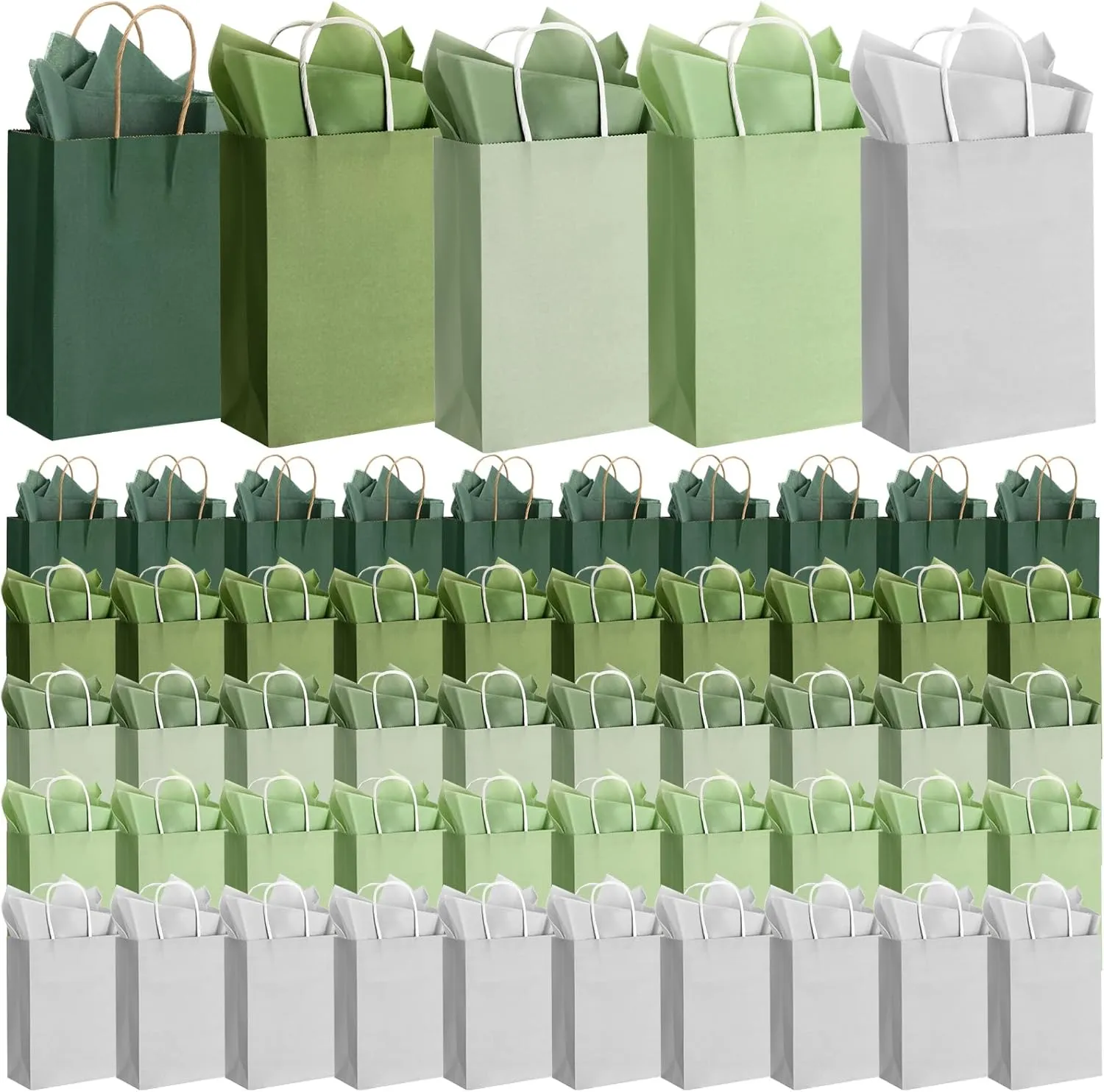 Kolldenn 50 Sets 100 Pcs Sage Green Gift Bags with Tissue Paper Bulk Sage Green Party Favor, 50 Thank You Gift Bags, 50 Wrapping Paper for Wedding Guests Birthday Baby Shower, 8.27 x 5.91 x 3.15