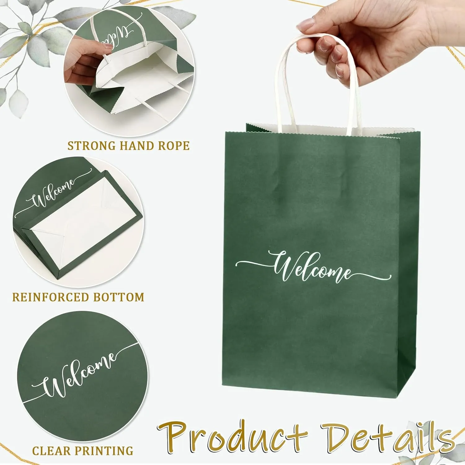 Kolldenn 50 Sets Sage Green Wedding Welcome Bags Bulk Handle Tissue Paper 8.6"x5.9"x3.2" Paper Church Welcome Bag Kraft Gift Bag for Visitors Hotel Guest Birthday Baby Shower Bridal Bridesmaid Party