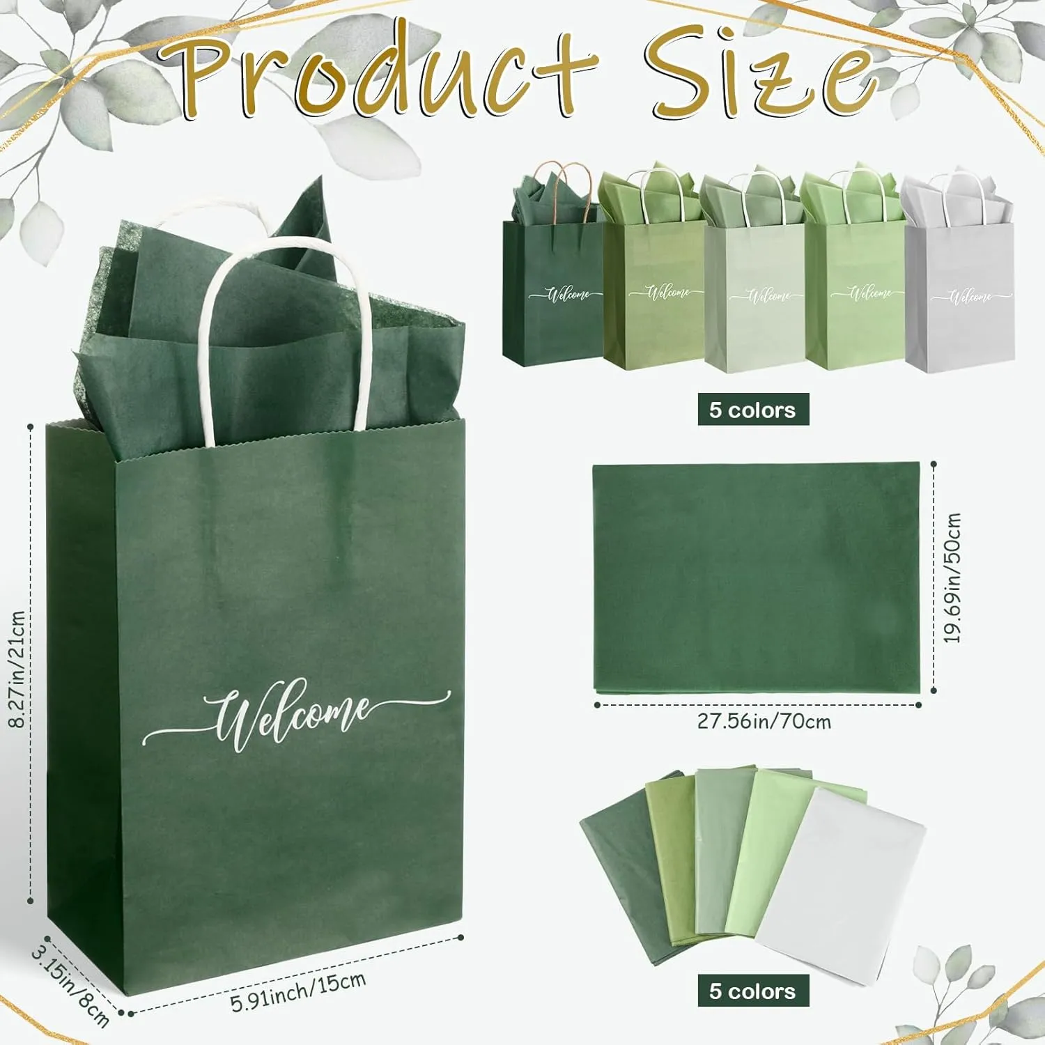 Kolldenn 50 Sets Sage Green Wedding Welcome Bags Bulk Handle Tissue Paper 8.6"x5.9"x3.2" Paper Church Welcome Bag Kraft Gift Bag for Visitors Hotel Guest Birthday Baby Shower Bridal Bridesmaid Party