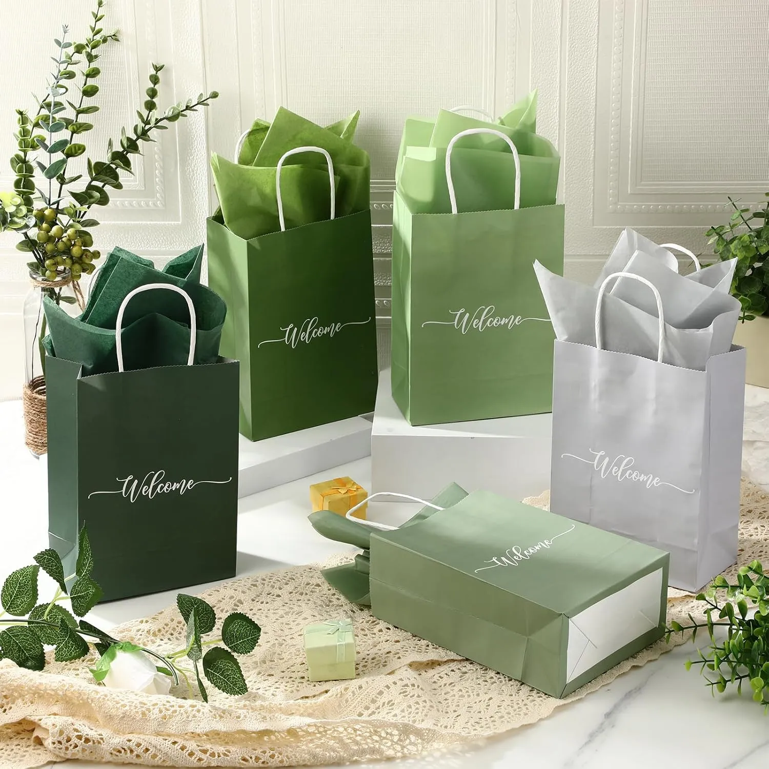 Kolldenn 50 Sets Sage Green Wedding Welcome Bags Bulk Handle Tissue Paper 8.6"x5.9"x3.2" Paper Church Welcome Bag Kraft Gift Bag for Visitors Hotel Guest Birthday Baby Shower Bridal Bridesmaid Party