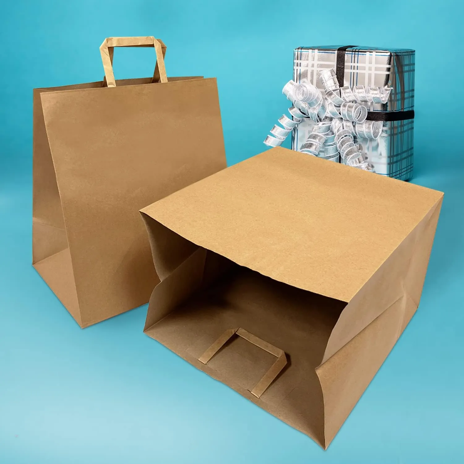 Kraft Paper Bags with Flat flat handles 14x10x15.75 inches Perfect for Gift Bags, Fashion Bags, Shopping Bags, Party Bags, Storage bags, Retail Bags and More, Reusable, Eco-friendly and Sustainable (1410FB 200C)