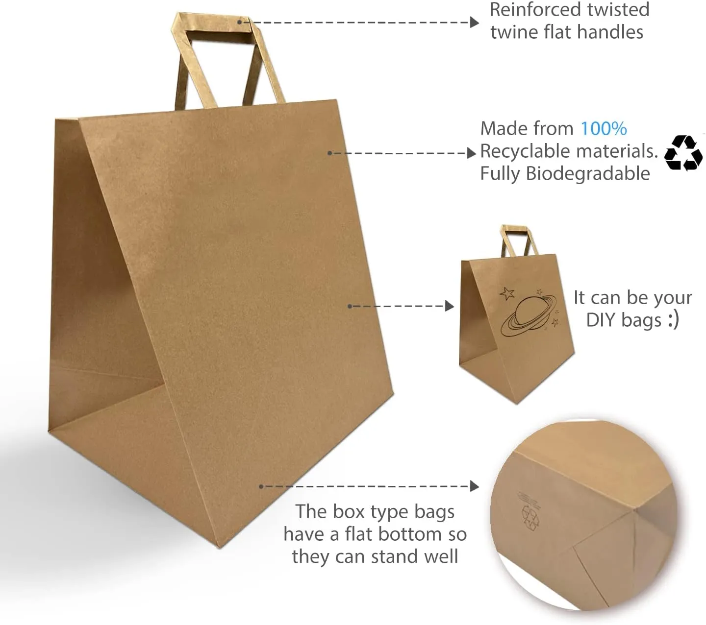 Kraft Paper Bags with Flat flat handles 14x10x15.75 inches Perfect for Gift Bags, Fashion Bags, Shopping Bags, Party Bags, Storage bags, Retail Bags and More, Reusable, Eco-friendly and Sustainable (1410FB 200C)