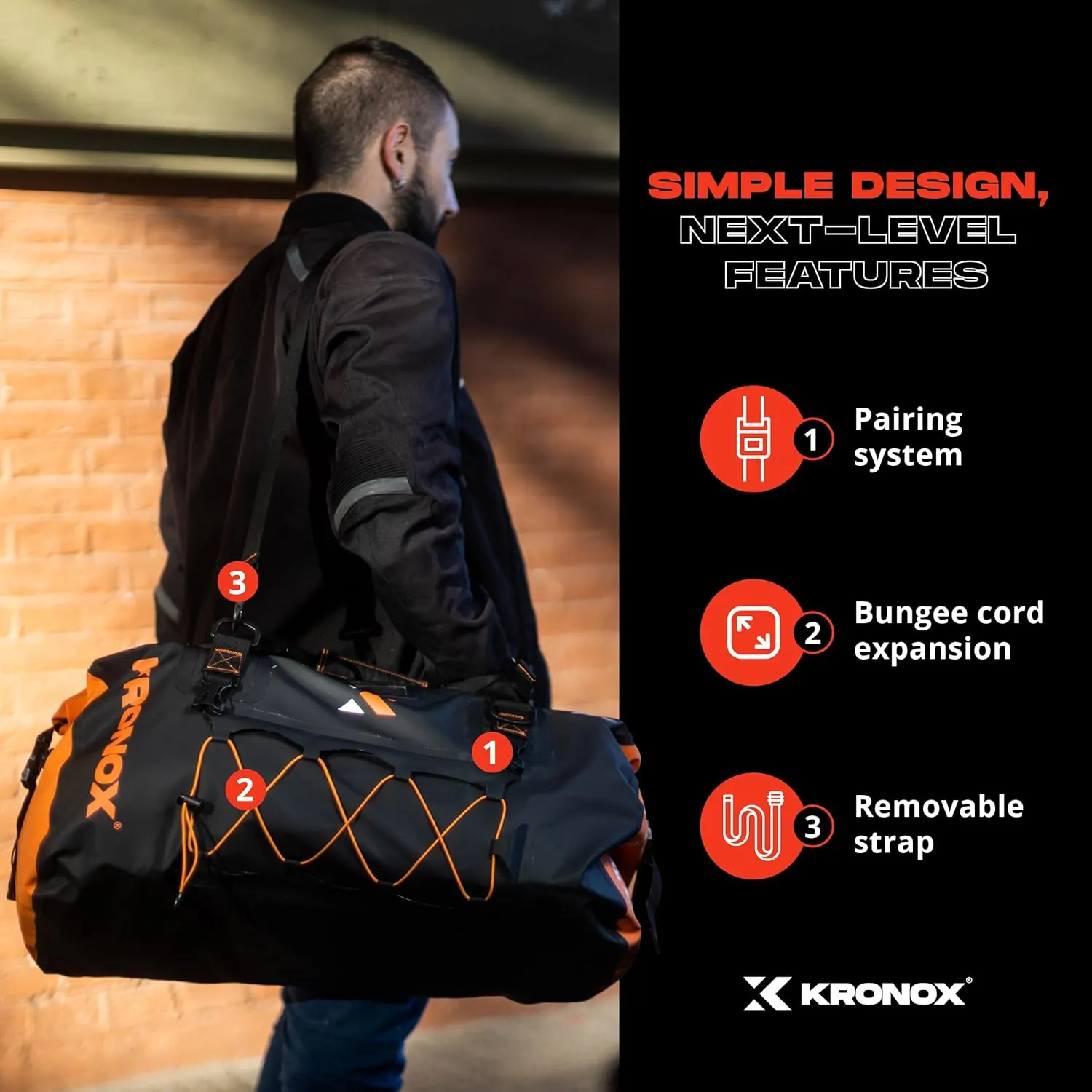KRONOX Motorcycle Duffel Bag Waterproof, 60L Black – Durable Motorcycle Luggage & Saddle Bags. Back Seat Dry Bag for Travel, Commute & Dirt Bike Gear