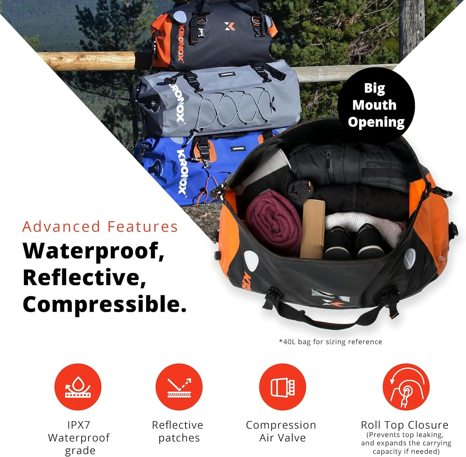 KRONOX Motorcycle Duffel Bag Waterproof, 60L Black – Durable Motorcycle Luggage & Saddle Bags. Back Seat Dry Bag for Travel, Commute & Dirt Bike Gear