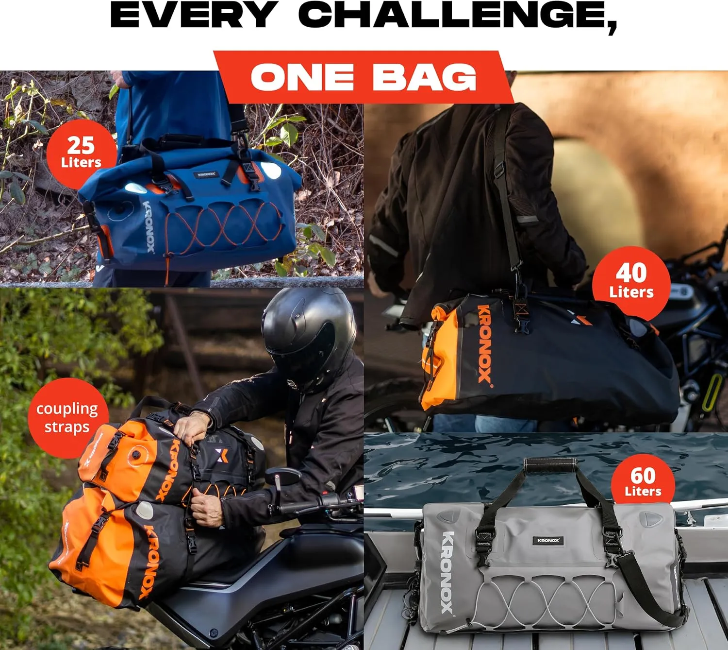 KRONOX Motorcycle Duffel Bag Waterproof, 60L Black – Durable Motorcycle Luggage & Saddle Bags. Back Seat Dry Bag for Travel, Commute & Dirt Bike Gear