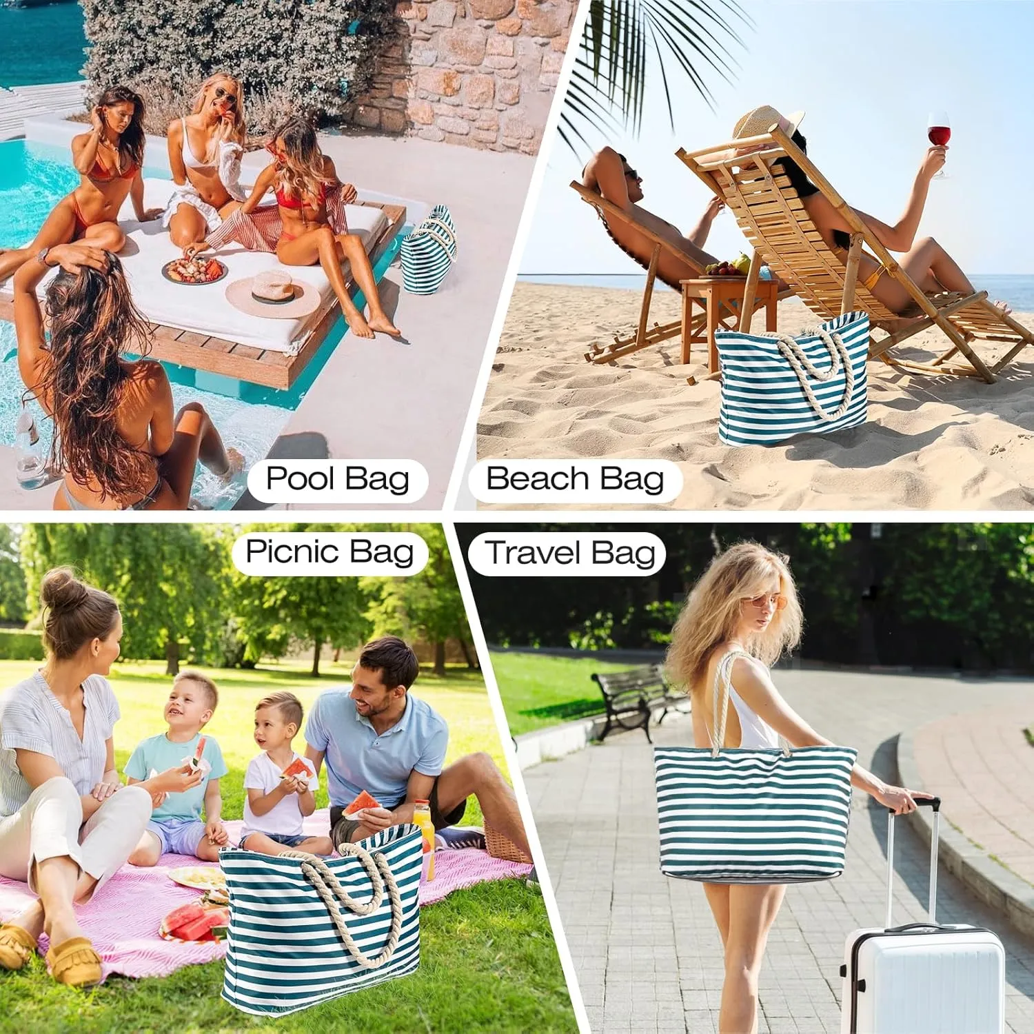 KUAK Beach Bags for Women Extra Large Beach Tote Bag with Top Zipper, 3 Inner Pockets Waterproof Sandproof Swim Pool Bag