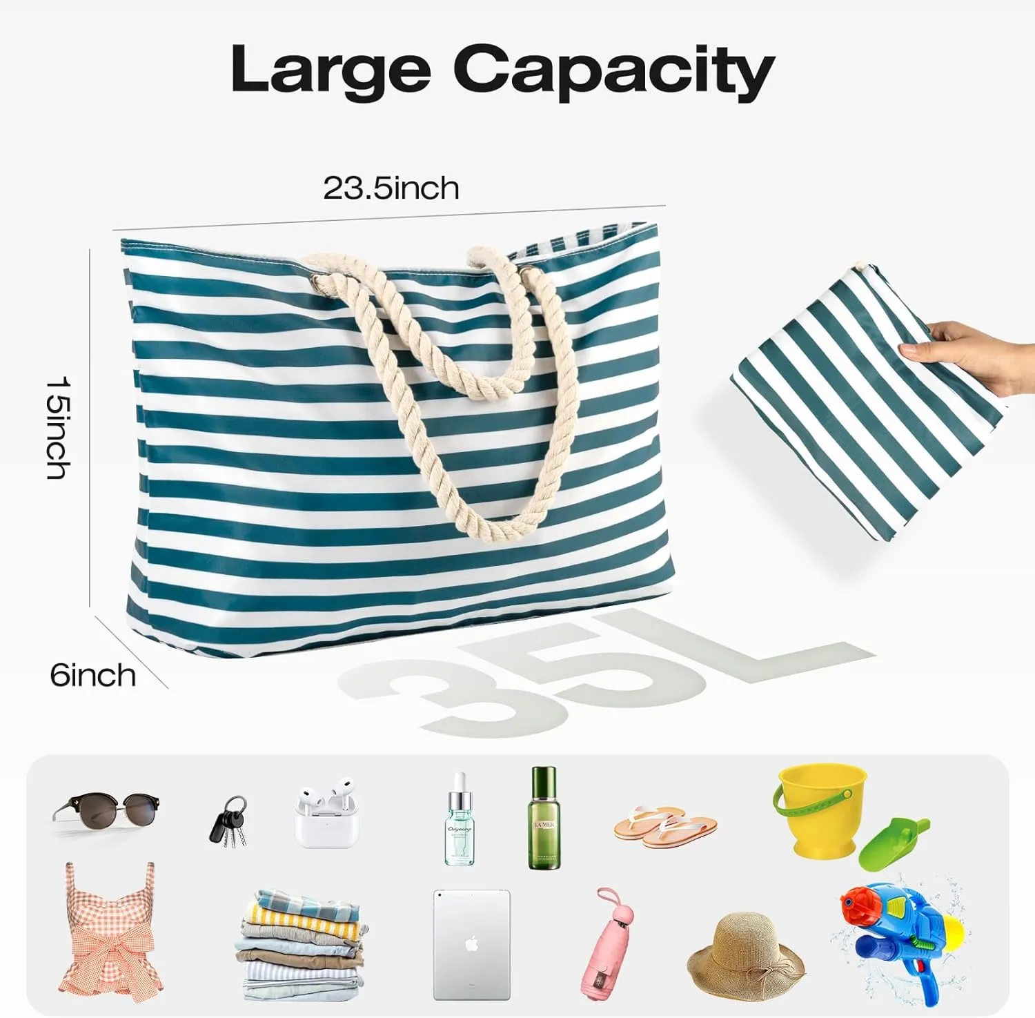 KUAK Beach Bags for Women Extra Large Beach Tote Bag with Top Zipper, 3 Inner Pockets Waterproof Sandproof Swim Pool Bag