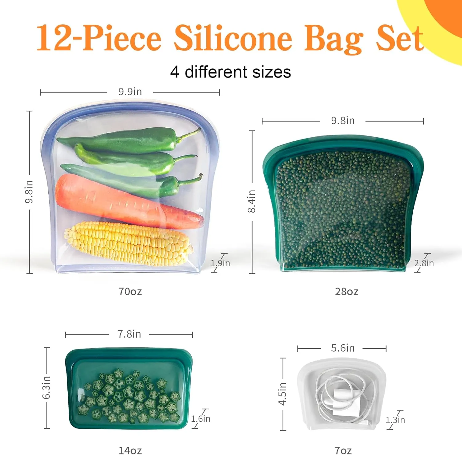 KVK Platinum Silicone Reusable food storage Bags Multipack - 12 Pcs clear freezer storage containers, Double Lock Seal Leakproof reusable snack bags- Oven Dishwasher Freezer Safe - Mix Dark Color