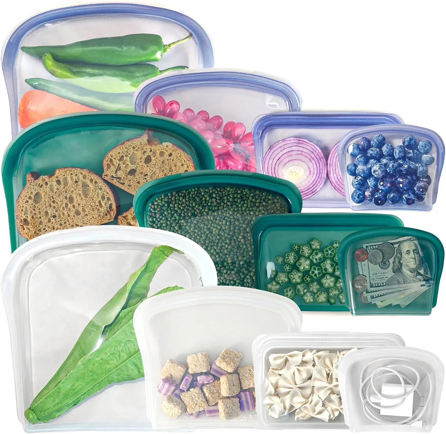 KVK Platinum Silicone Reusable food storage Bags Multipack - 12 Pcs clear freezer storage containers, Double Lock Seal Leakproof reusable snack bags- Oven Dishwasher Freezer Safe - Mix Dark Color