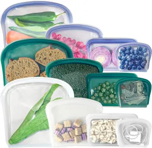 KVK Platinum Silicone Reusable food storage Bags Multipack - 12 Pcs clear freezer storage containers, Double Lock Seal Leakproof reusable snack bags- Oven Dishwasher Freezer Safe - Mix Dark Color