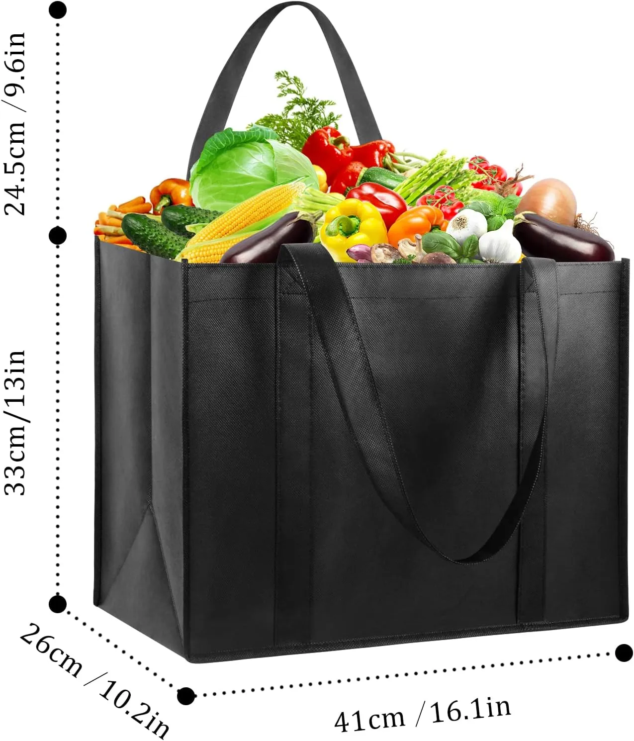 LadyRosian 10 Pack Heavy Duty Kitchen Reusable Grocery Bags, Durable XL Shopping Tote with Handle Can Hold 45 lbs, Stands Upright, Foldable & Washable (Black)