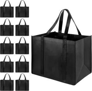 LadyRosian 10 Pack Heavy Duty Kitchen Reusable Grocery Bags, Durable XL Shopping Tote with Handle Can Hold 45 lbs, Stands Upright, Foldable & Washable (Black)