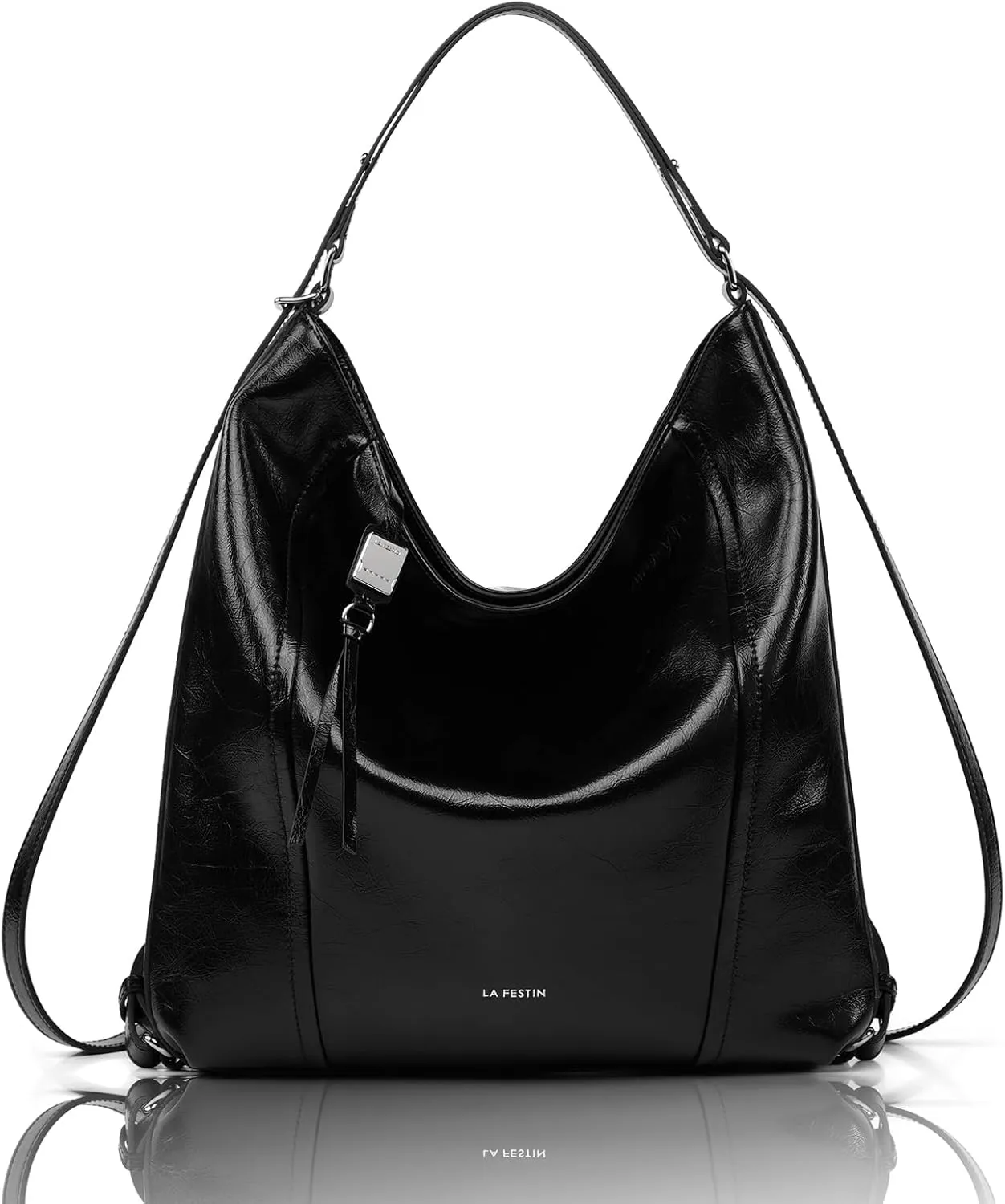 LA'FESTIN Women's Leather Convertible Tote Backpack: Large Hobo Bag with Adjustable Strap, Tote Shoulder Bag for Women (Black)