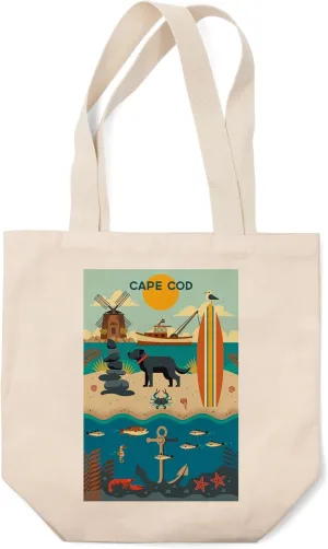 Lantern Press Cape Cod, Beach Geometric (100% Cotton Canvas Reusable Tote Bag)